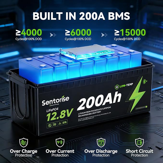 Sentorise 12.8V 200Ah battery — 200Ah option only; supplier illustration