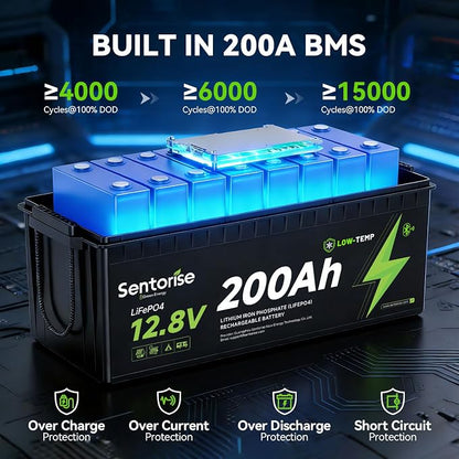Sentorise 12.8V 200Ah battery — 200Ah option only; supplier illustration