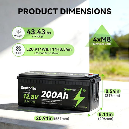 Sentorise 12.8V 200Ah battery — 200Ah option only; supplier illustration