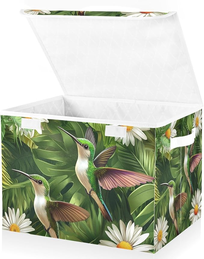daisy hummingbirds and palm leaves