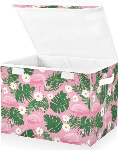 Cute Pink Daisy Flamingos and Palm Leaves