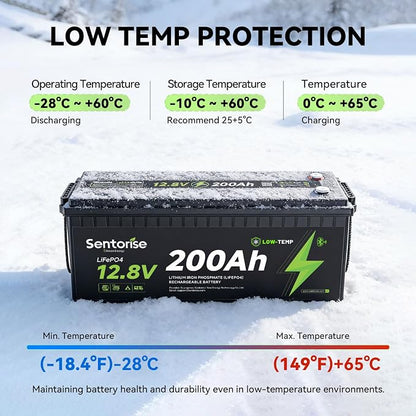 Sentorise 12.8V 200Ah battery — 200Ah option only; supplier illustration