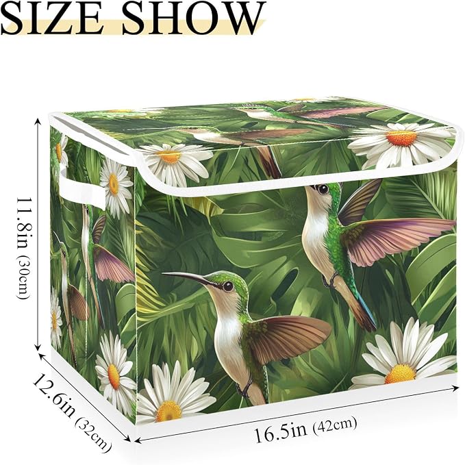 daisy hummingbirds and palm leaves