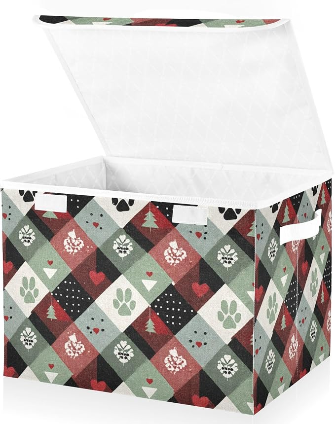 Vintage Holiday Plaid Paw Print Hearts