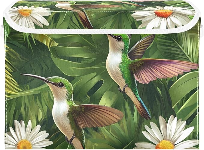 daisy hummingbirds and palm leaves