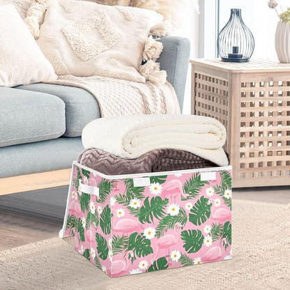 Cute Pink Daisy Flamingos and Palm Leaves