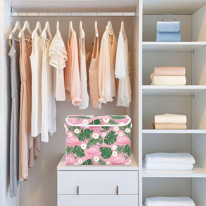 Cute Pink Daisy Flamingos and Palm Leaves