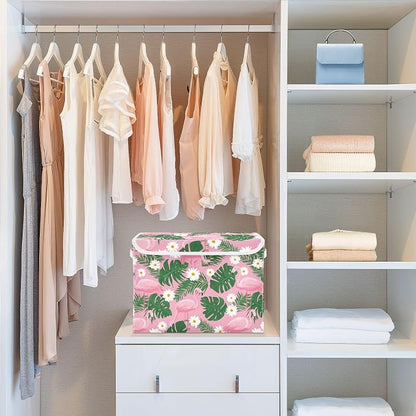 Cute Pink Daisy Flamingos and Palm Leaves