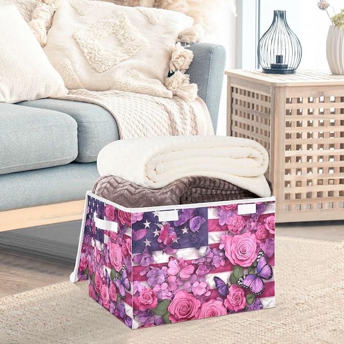 Pink Roses and Purple Butterflies American Flag