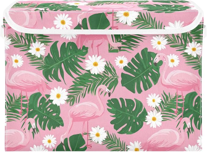 Cute Pink Daisy Flamingos and Palm Leaves