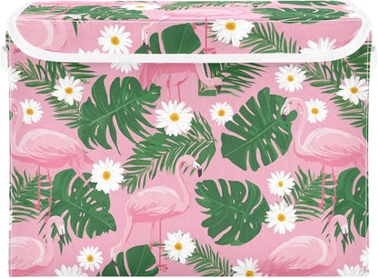 Cute Pink Daisy Flamingos and Palm Leaves