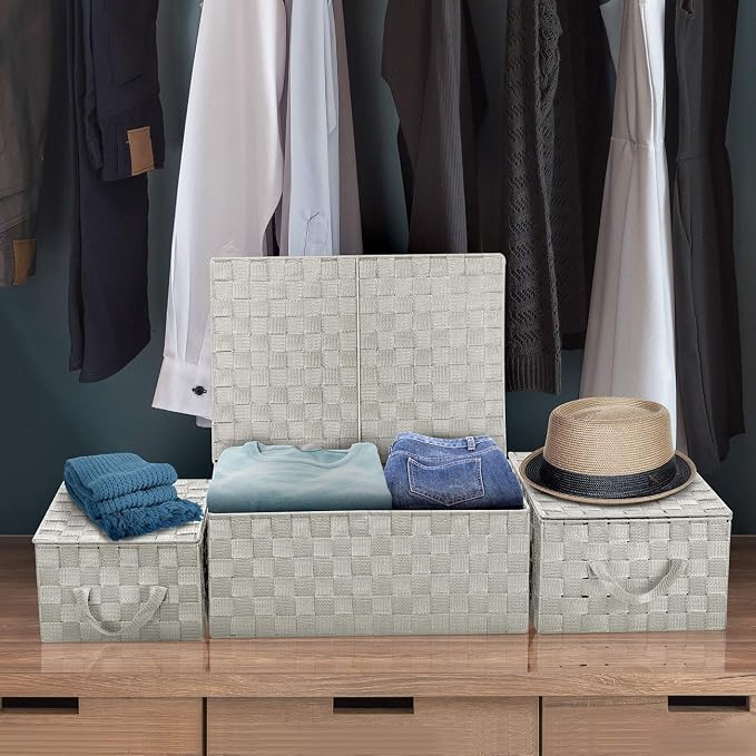 Woven Lid Baskets - Beige