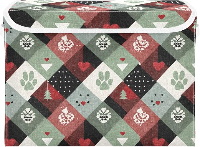 Vintage Holiday Plaid Paw Print Hearts