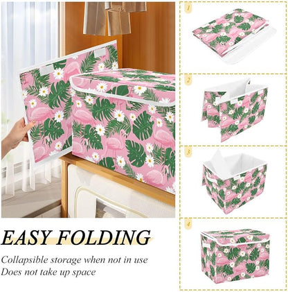 Cute Pink Daisy Flamingos and Palm Leaves