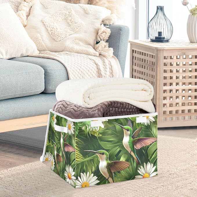 daisy hummingbirds and palm leaves