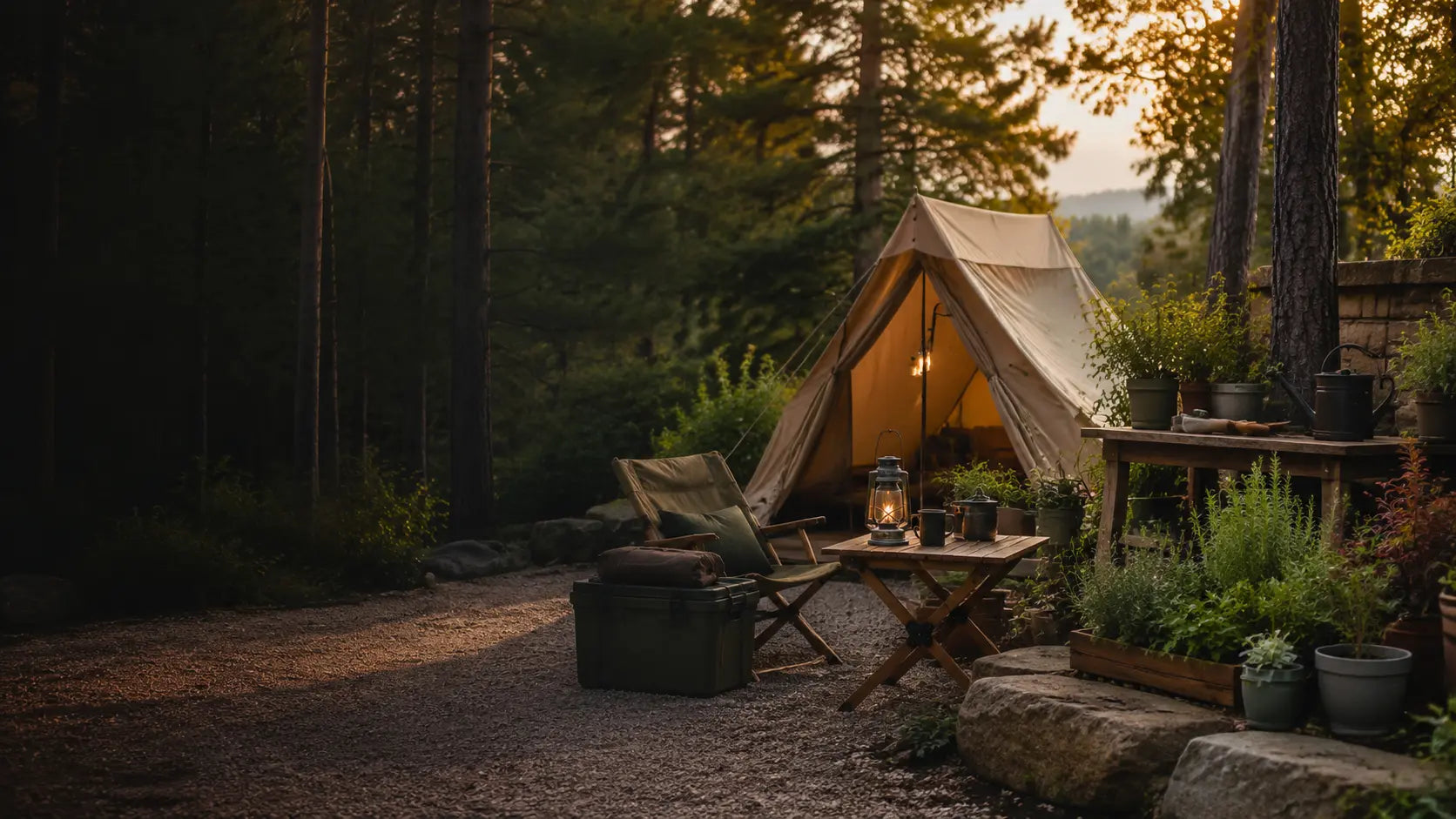 Premium camping and gardening gear at a forest campsite